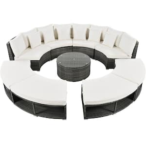 9-Piece Outdoor Patio Furniture Luxury Circular Outdoor Sofa Set Rattan Wicker Sectional Sofa with Beige Cushions