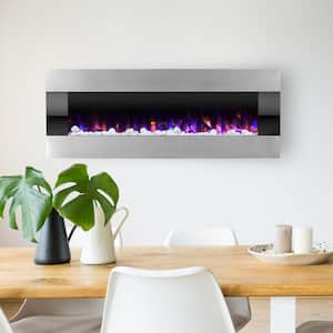 54 in. Stainless Steel Electric Fireplace with Wall Mount and Remote in Silver