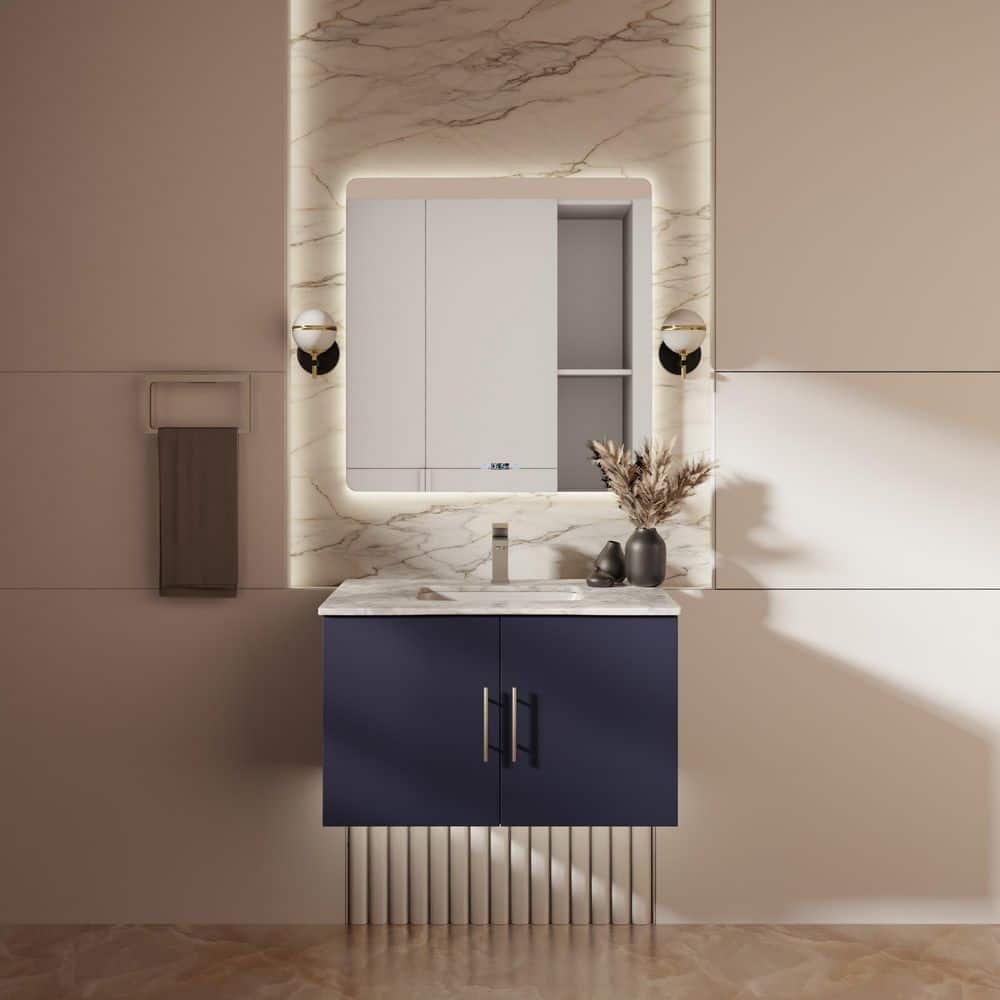 Geneva 30 in. W x 22 in. D Navy Blue Bath Vanity, Carrara Marble Top, Faucet Set and 30 in. LED Mirror price history on PriceWatchPro