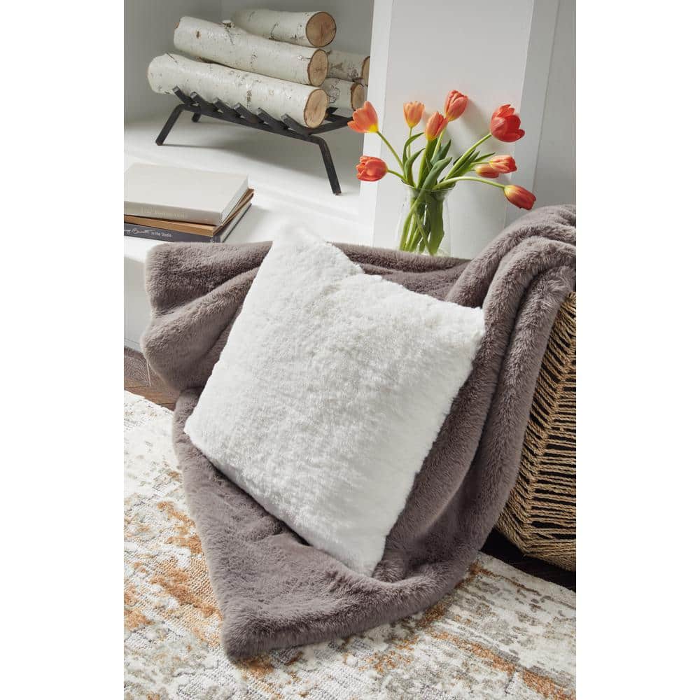 White Faux Rabbit Fur Square Accent Pillow, 20 x 20 Inches