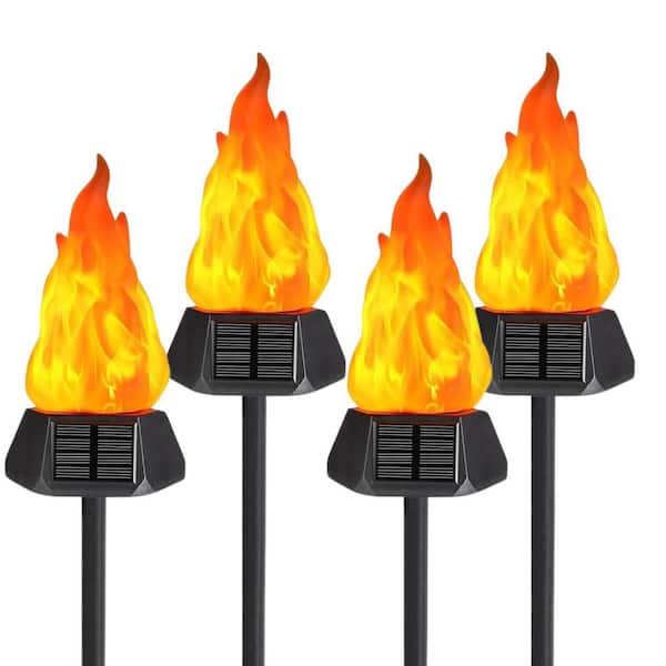 4-Pack Black Plastic Solar Outdoor Torch Lights with Flickering Flame Waterproof LED for Garden Landscape Decor