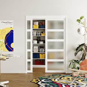 48 in. x 80 in. 5 Panel Frosted Glass, Can Be Painted, White MDF Wood Pocket Door Frame with All Hardware