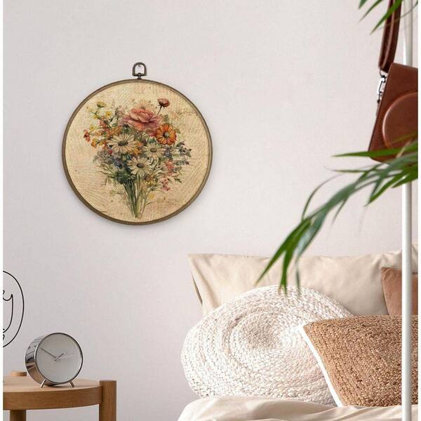 Vintage Floral Framed Wall Art Decor, Farmhouse Flower Round Wall