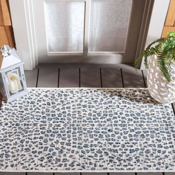 Courtyard Ivory/Navy 3 ft. x 3 ft. Cheetah Geometric Indoor/Outdoor Square Area Rug