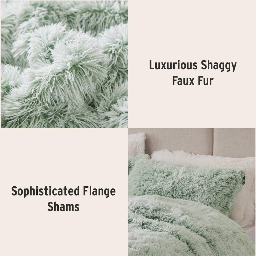 Full Green and White Faux Fur Comforter Set