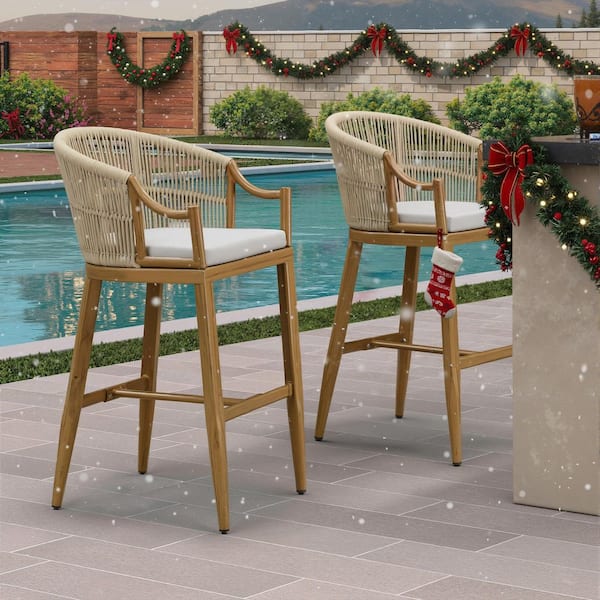 Modern Boho Metal Bar Height Rattan Outdoor Bar Stool Chairs with Ergonomic Armrest and Cushion, Teak(2 Pack)