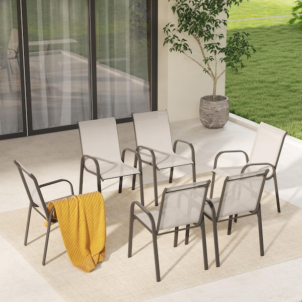 TerraTex Metal Patio Dining Chairs with Greige Textilene Fabric (6-Pack)