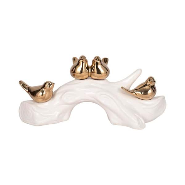 Liv & Skye White 14 in. x 6 in. Ceramic Birds Sitting On Branch Sculpture