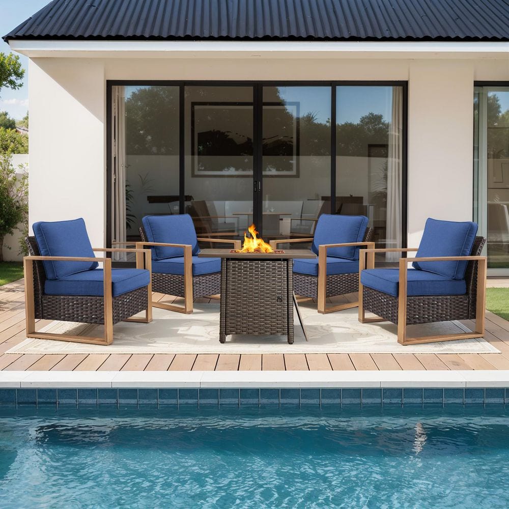 FanKan Brown 5-Piece Wicker Outdoor Glider Chair Patio Deep Seating with Rectangular Fire Table and Blue Cushions price history on PriceWatchPro