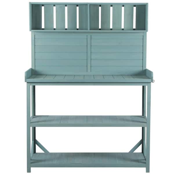 Unbranded 65" Large Outdoor Farmhouse Wooden Potting Bench Table, Patio Workstation with 4 Storage Shelves and Side Hook, Green