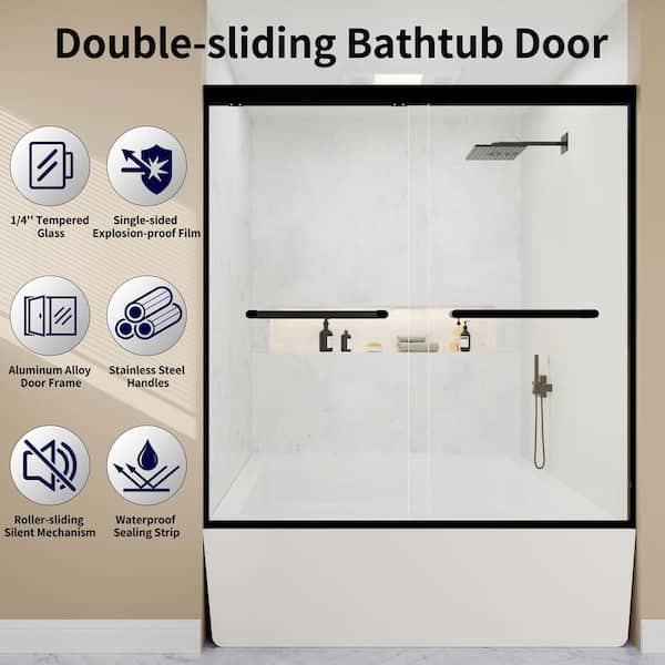 56-60 in. W x 60 in. H Framed Double Sliding Doors, Bathroom Tub Doors in Black with 1/4 in. Clear Glass