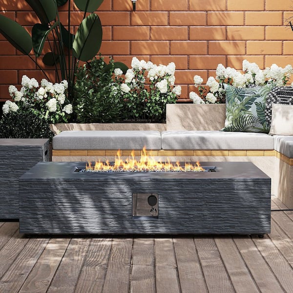 PATIO WATCHER 56 in. Rectangular Magnesium Oxide Outdoor Fire Pit Table with Tank Cover and Rain Cover in Dark Gray
