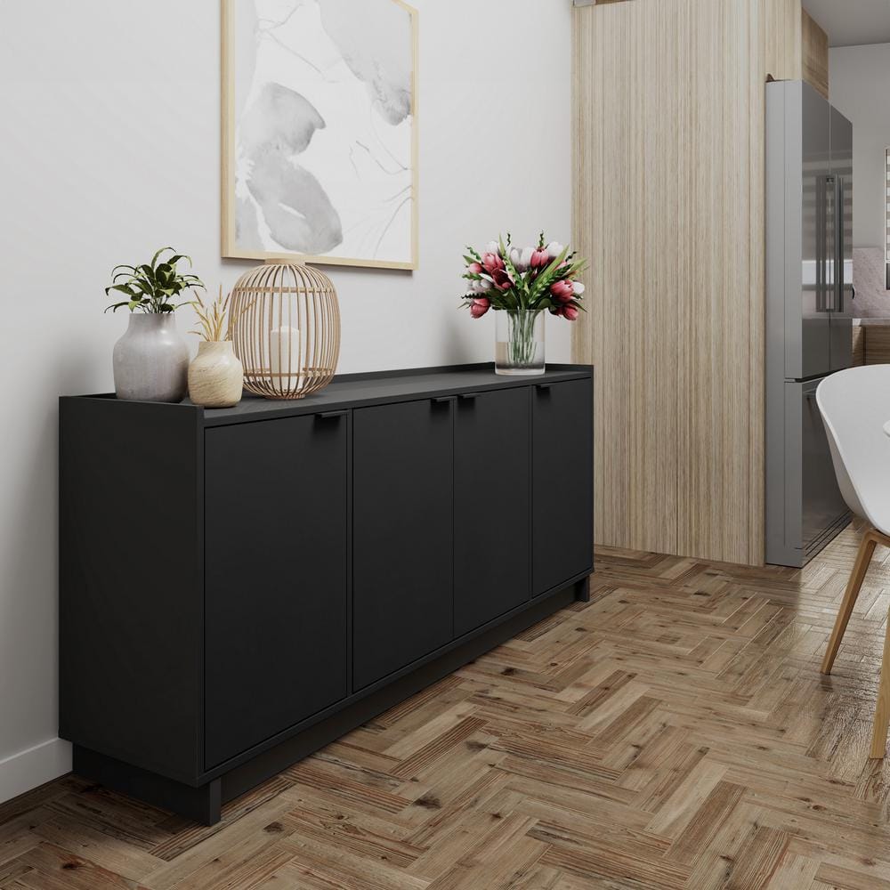 Prepac Black 4-Door Console Table with Adjustable Shelving