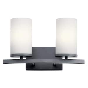 Crosby 15 in. 2-Light Black Contemporary Bathroom Vanity Light with Etched Glass Shade