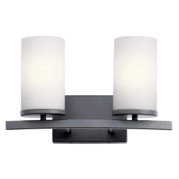 KICHLER Crosby 15 in. 2-Light Black Contemporary Bathroom Vanity Light with Etched Glass Shade