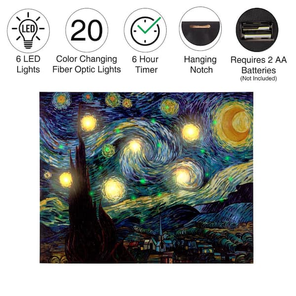Lavish Home Starry Night by Van Gogh with LED Light and Flameless Candle Abstract Wall Art Set Canvas 12 in. x 16 in. 80-LTCANVAS-2-B - The Home Depot