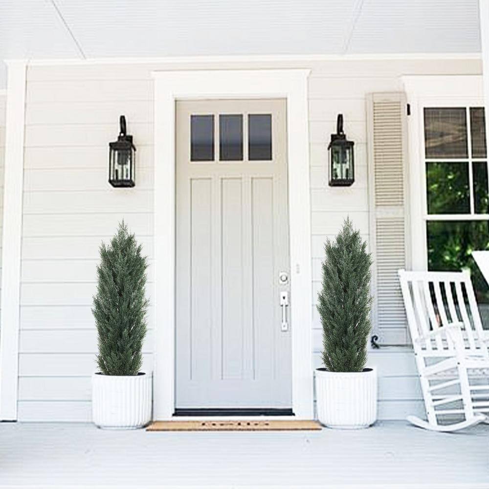 59" Dark Green Cedar Artificial Topiary Trees in Black Cement Pots, Set of 2
