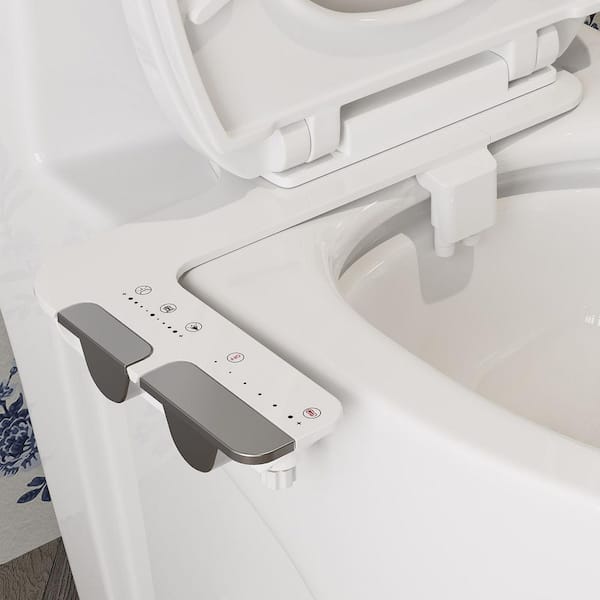 Luxury Slim Attachable Bidet System Bidet Attachment with Hot Water, Dual Retractable Nozzles, Knob Control in White