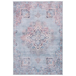 Serapi Ivory/Blue 5 ft. x 8 ft. Machine Washable Geometric Distressed Area Rug