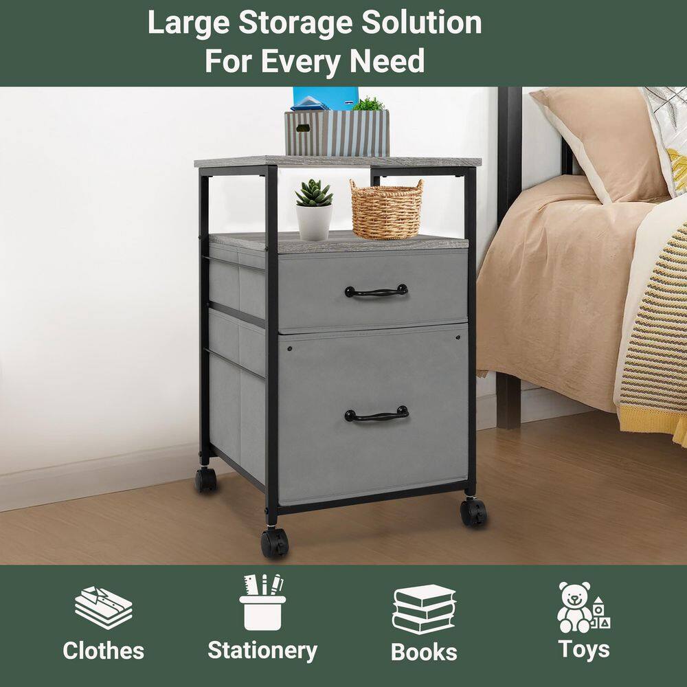 Gray Metal and Wood Rolling 2-Drawer Nightstand