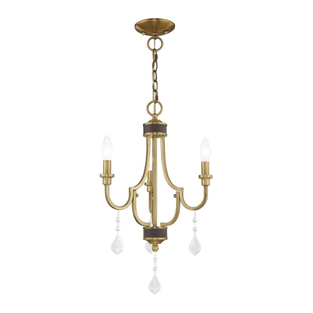 Antique Brass 3-Light Mini Chandelier with Clear Crystals