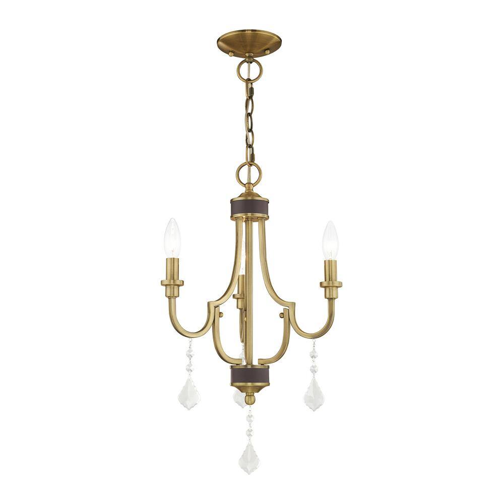 Antique Brass 3-Light Mini Chandelier with Clear Crystals