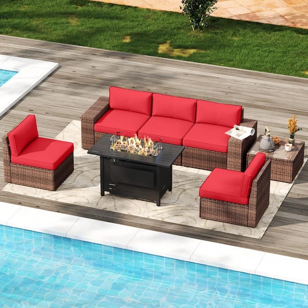 7-Pieces Outdoor Wicker Patio Sectional Set with Fire Pit Table, Coffee Table, Red Cushions