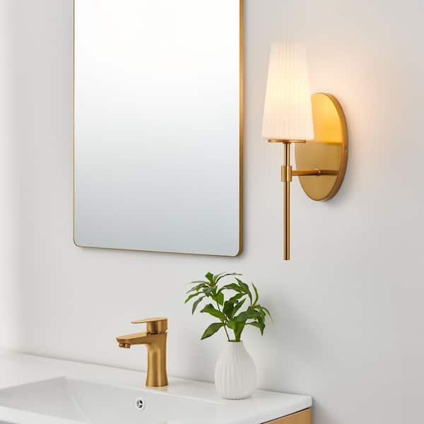 1-Light Brushed Gold Wall Sconces with Frosted Opal Ribbed Glass Shade