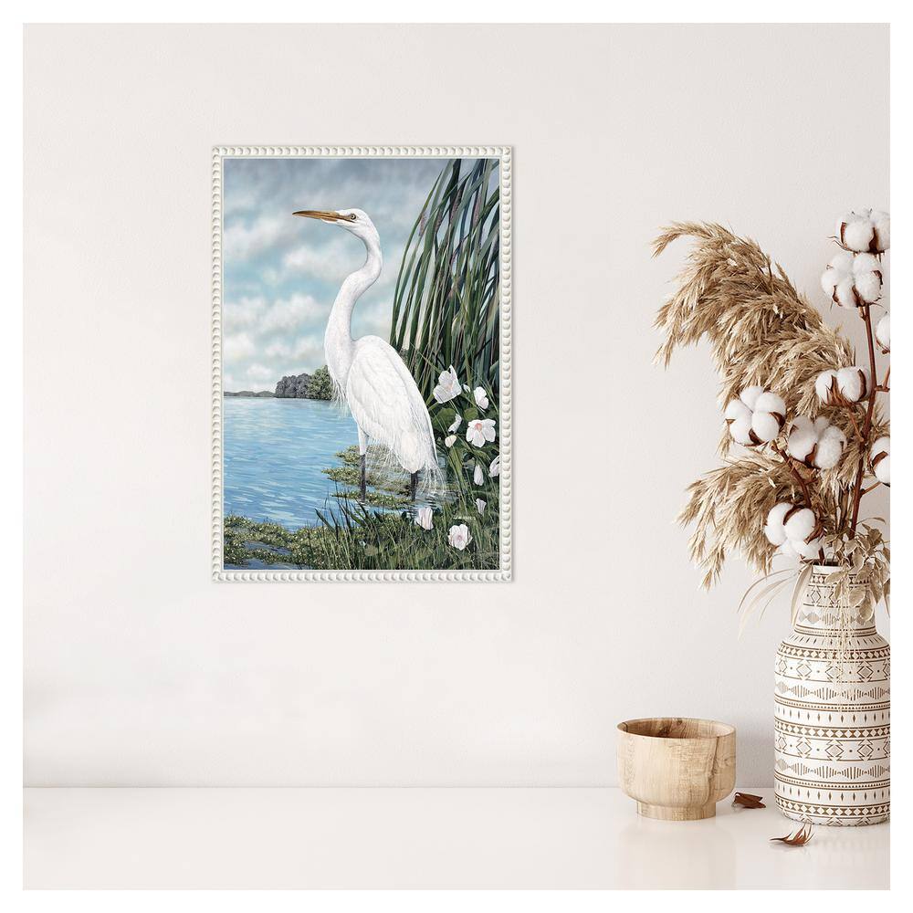 Great White Egret Coastal Scene Beaded Framed Canvas Art