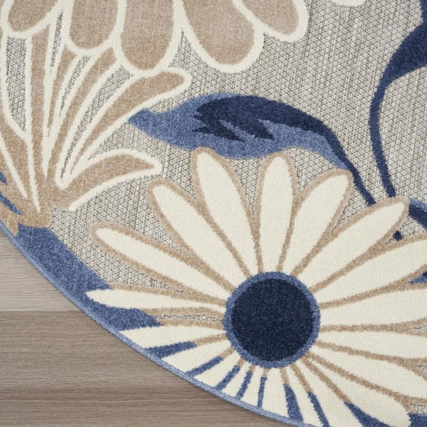 Blue, Gray 8 ft. Round Loomed Floral Polypropylene Round Indoor/Outdoor Area Rug