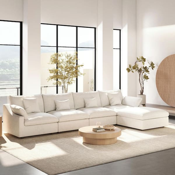 Large 156 in. Down Filled Linen Modular Sofa Solid Wood L-shaped Cloud Couch with Ottoman, Washable Covers in White