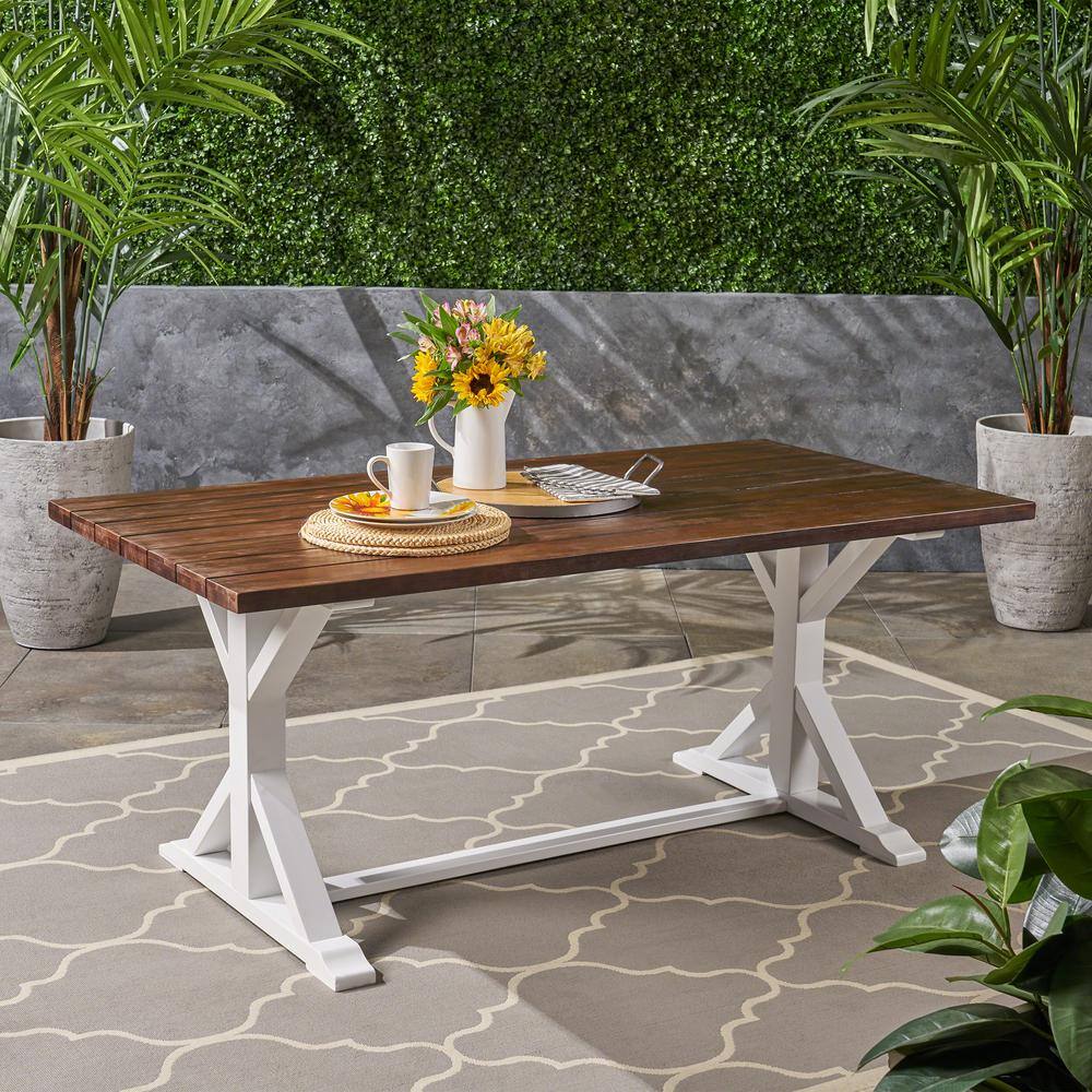 Rustic Dark Brown and White Acacia Wood Outdoor Dining Table