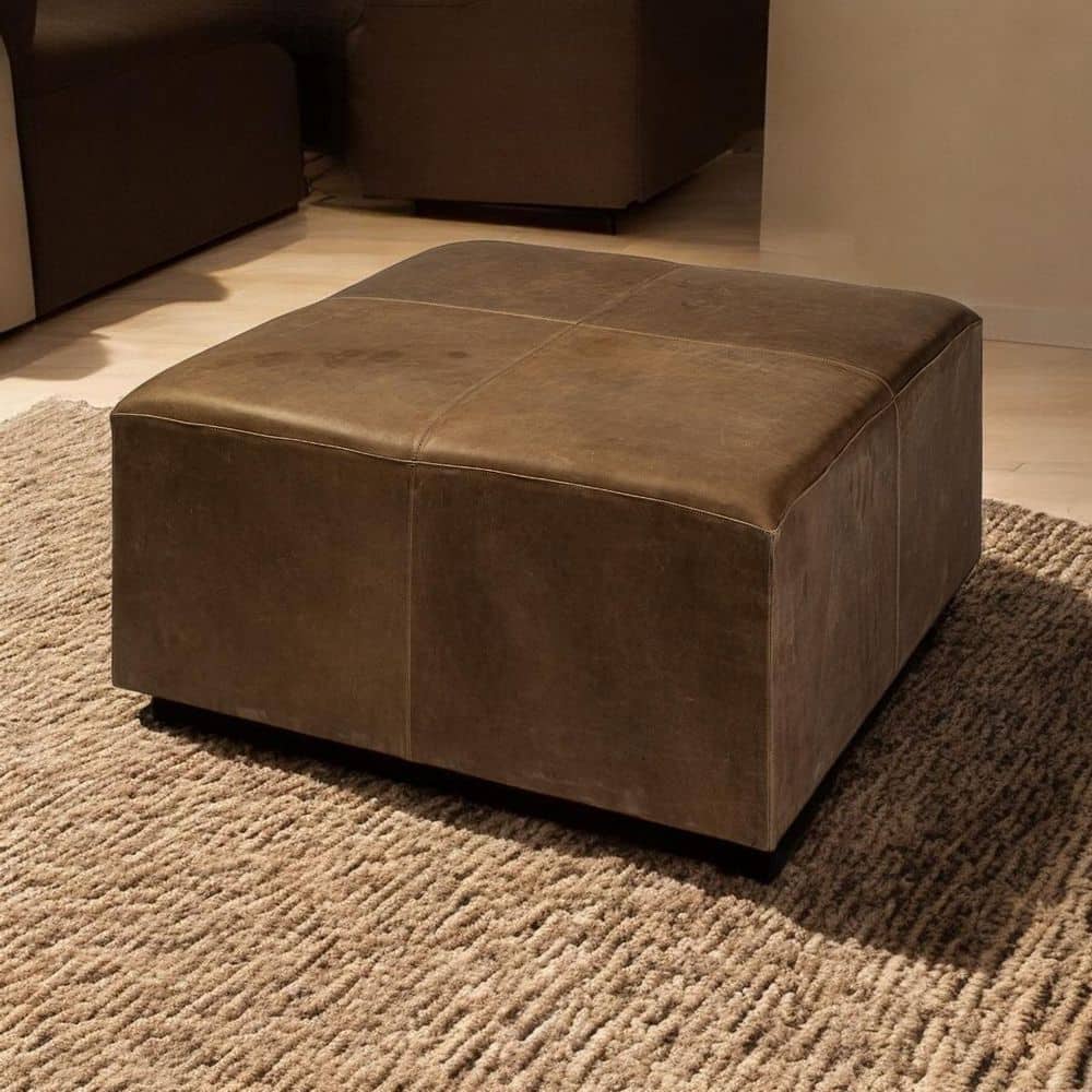 Brown Faux Leather Square Ottoman