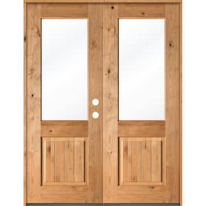64 in. x 96 in. Rustic Knotty Alder Clear Half-Lite Clear Stain Wood/V-Groove Left Active Double Prehung Front Door