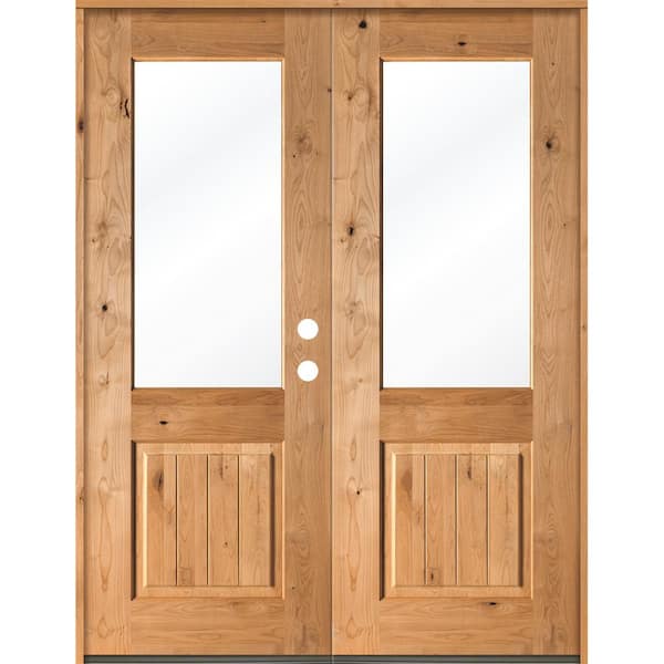 Krosswood Doors 64 in. x 96 in. Rustic Knotty Alder Clear Half-Lite Clear Stain Wood/V-Groove Left Active Double Prehung Front Door