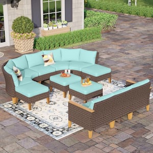 Brown Rattan Wicker 12 Seat 12-Piece Steel Patio Outdoor Sectional Set with Blue Cushions