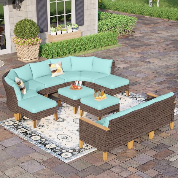 PHI VILLA Brown Rattan Wicker 12 Seat 12-Piece Steel Patio Outdoor Sectional Set with Blue Cushions
