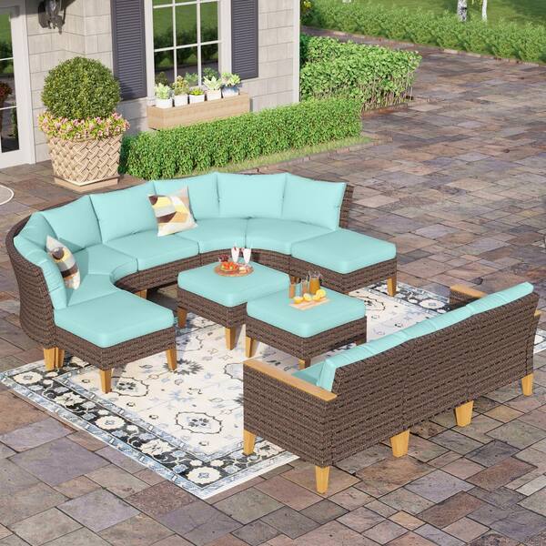 PHI VILLA Brown Rattan Wicker 12 Seat 12-Piece Steel Patio Outdoor Sectional Set with Blue Cushions