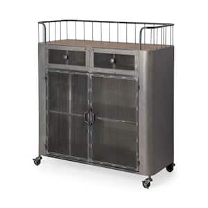 Udo Metal Grey Frame 2-Door Cabinet with 2-Drawers and Wood Top Bar Cart