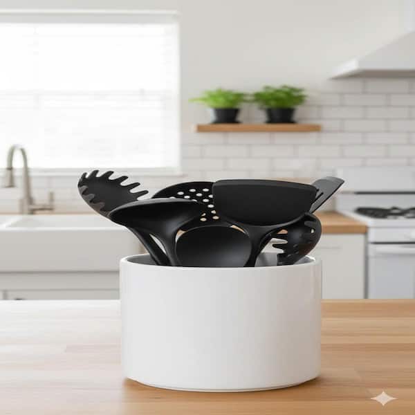 White Ceramic Kitchen Utensil Holder Large Modern Countertop Organizer w/ Easy Clean Multi Function Design 6.5 x 5.5 in.