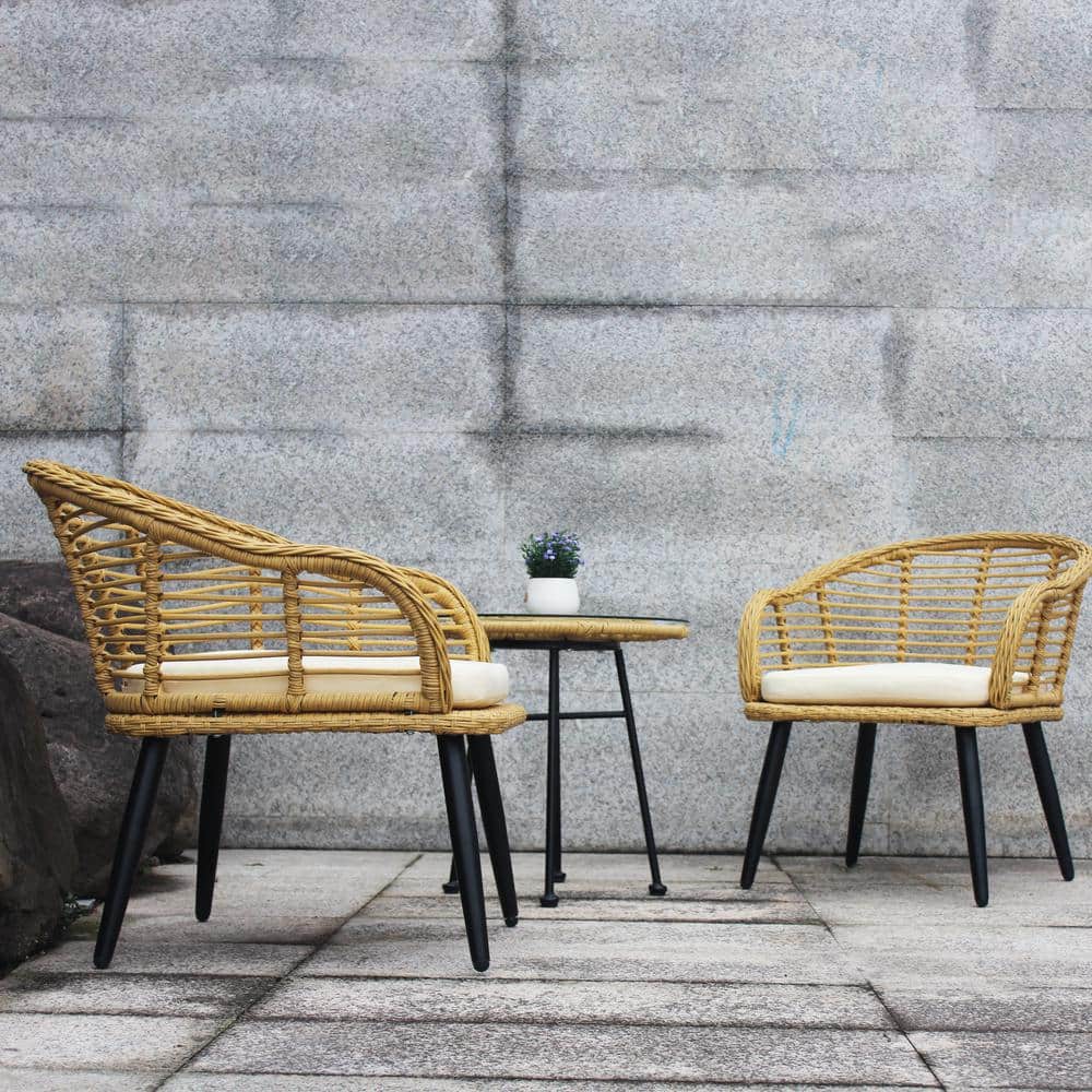 3-Pieces Wicker Patio Conversation Set with Beige Cushion and Tempered Glas