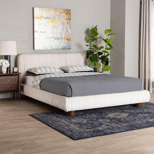 Baxton Studio Emsley Ivory White Velvet and Wood Frame Queen Platform Bed