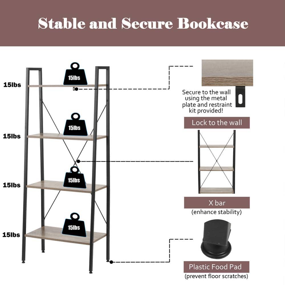 Black Metal and Wood 4-Shelf Ladder Bookcase