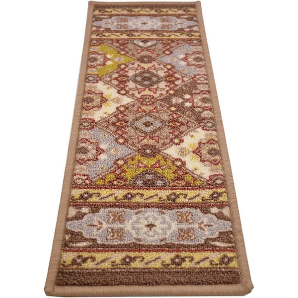 Indoor Bakhtiari Design Taupe 8-1/2 in. x 26 in. Slip Resistant Backing Stair Tread Cover (Set of 13)