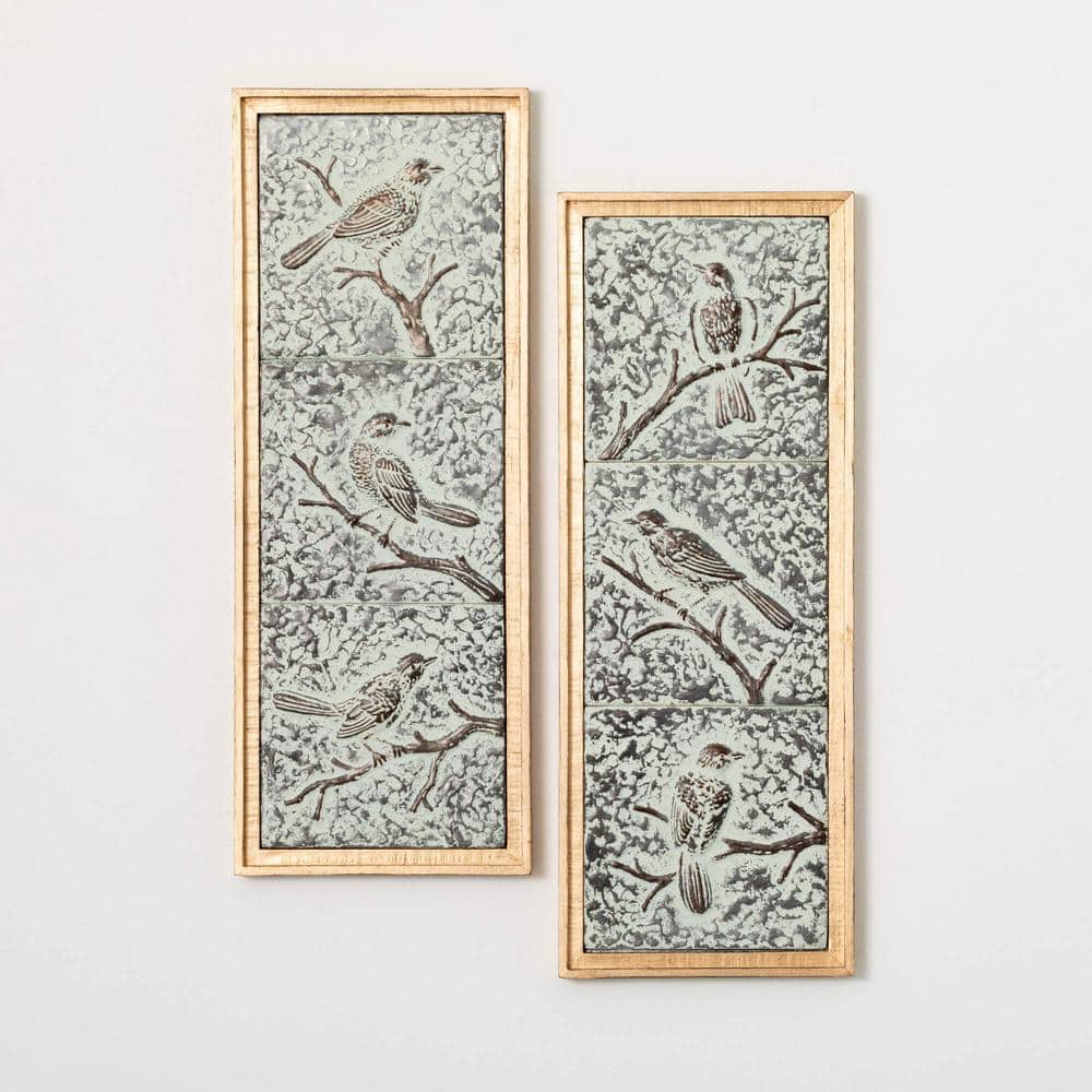 31.5" Soft Green and Blue Bird Metal Wall Decor Set