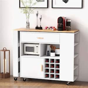 White Rubber Wood Kitchen Cart with Reversible Folding Kitchen Island Cart Utility Storage Trolley Wine Rack