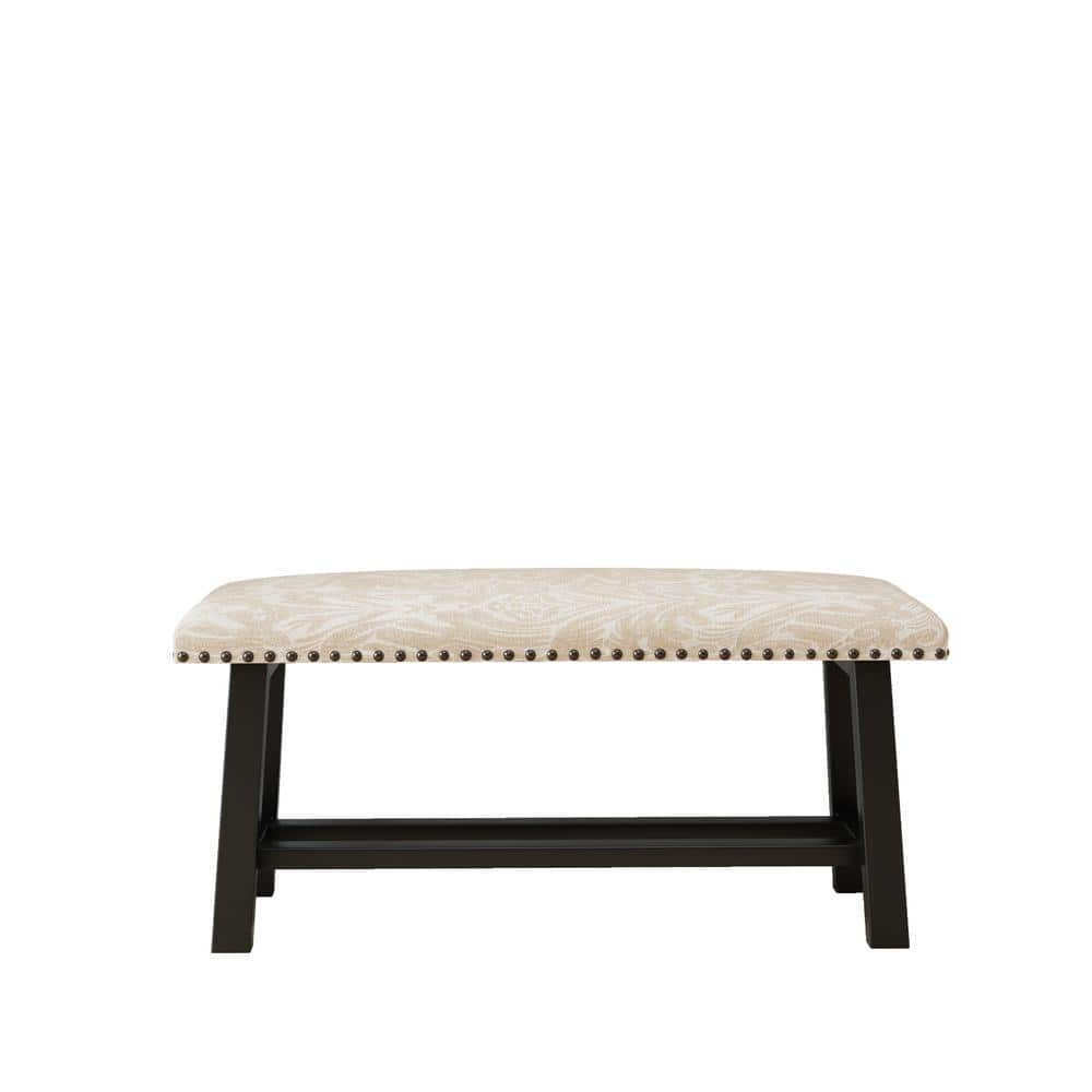 Black Wood Outdoor Bench Linen with Beige Cushions, Rustic Wood Legs, Ottom