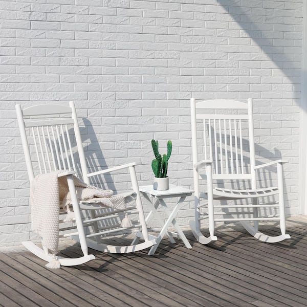 3-Piece White Wood Patio Outdoor Rocking Chair Set