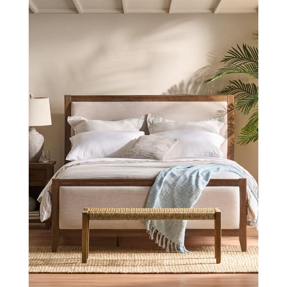 Aura Modren Beige Upholstered Acacia Wood Frame King Size Platform Bed, Light Brown Glaze