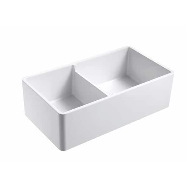 Yorkshire Farmhouse Fireclay 33 in. 55/45 Double Bowl Kitchen Sink with Cutting-Board, Grid and Strainer in White
